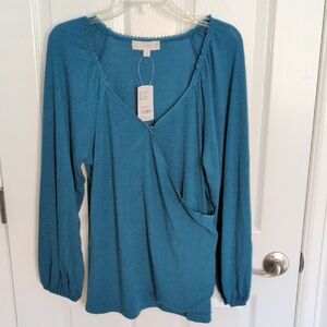NWT Weekend Suzanne Betro Sweetheart Neck Teal Surplice Top - L